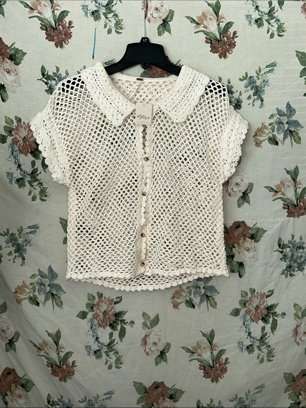 Free People Open-Knit Short Sleeve Button-Up Top - Cream